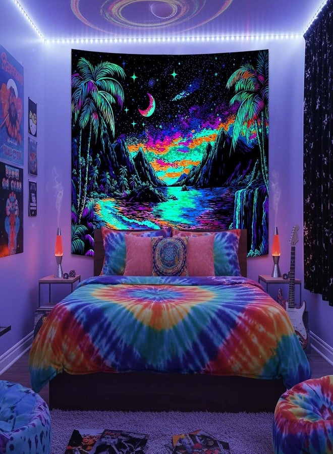 Lifeella Blacklight Landscape Tapestry, Glow in the dark UV Reactive Beach Lake Wall Decor, Aesthetic Palm Tree Art for Bedroom Living Room, 36x48 inches - Image 5